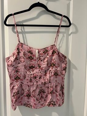Anthropologie Pink Paisley Satin Cami with Red & Olive Accents